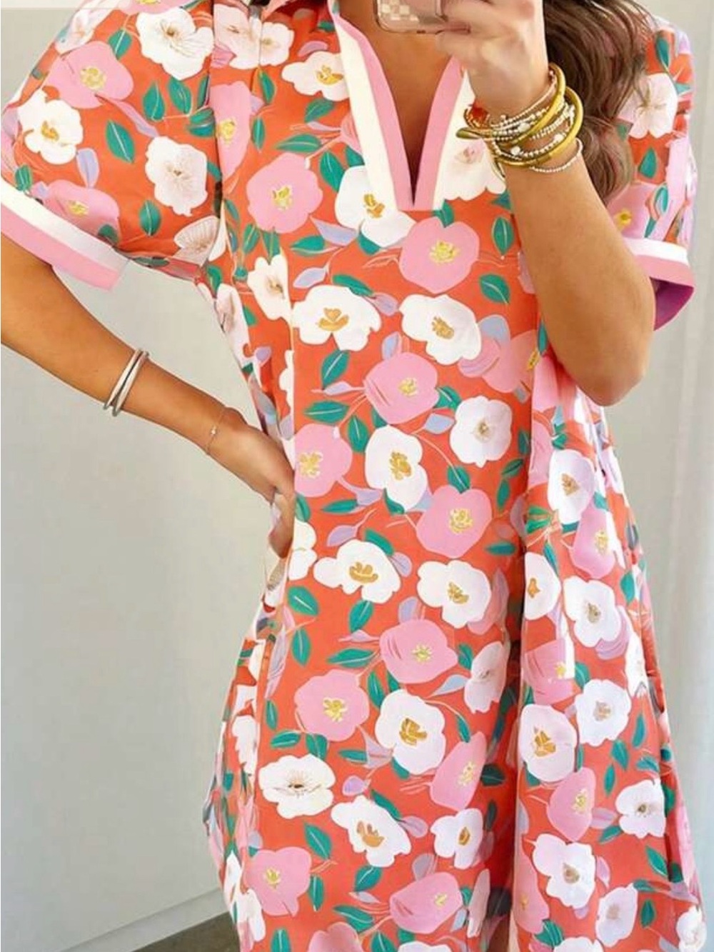 Floral V-Neck Shift Dress in Coral & Pink